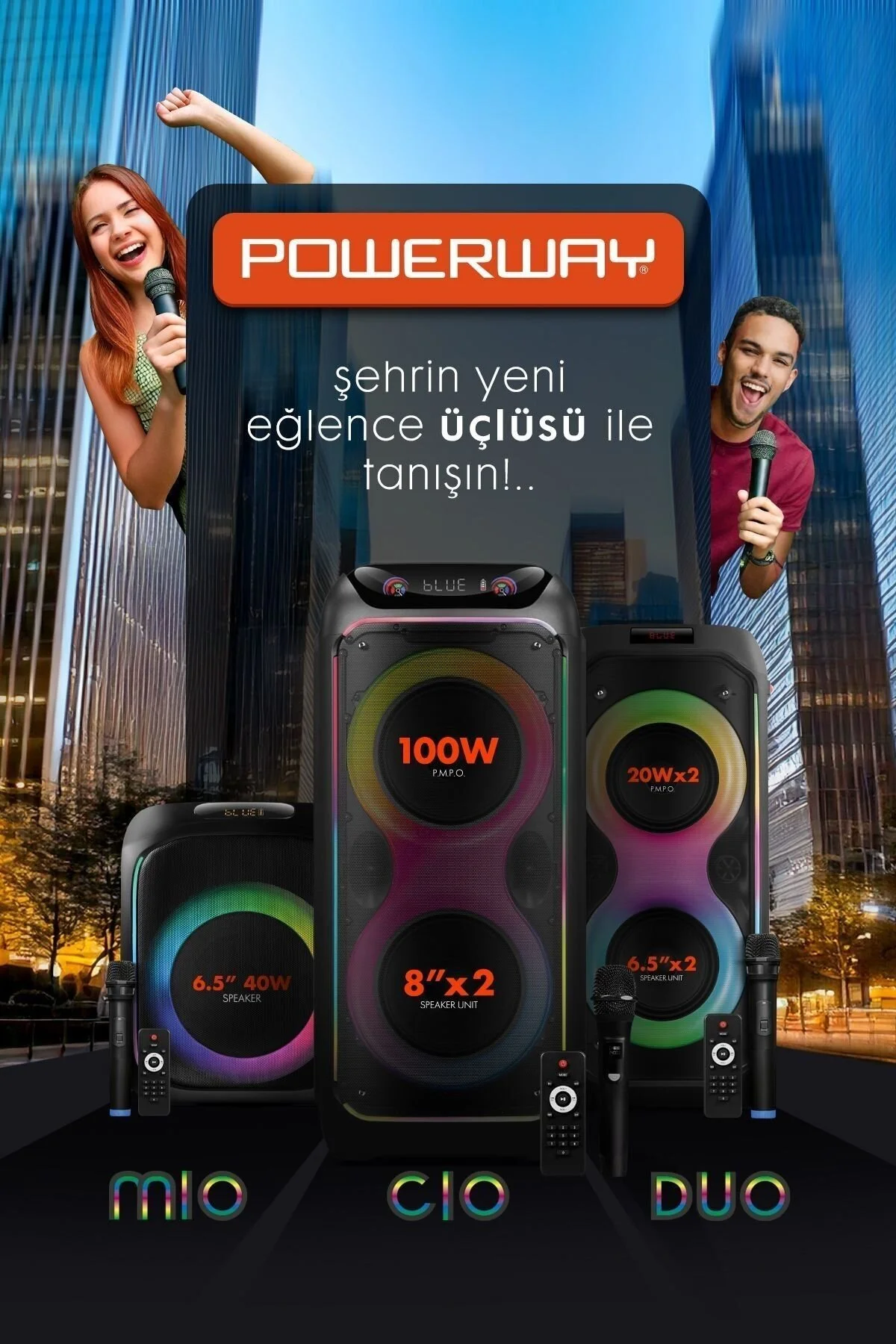 Powerway Duo Taşınabilir Mikrofonlu 20x2 W Karaoke Ses Kayıt Bluetooth Hoparlör Led Işıklı