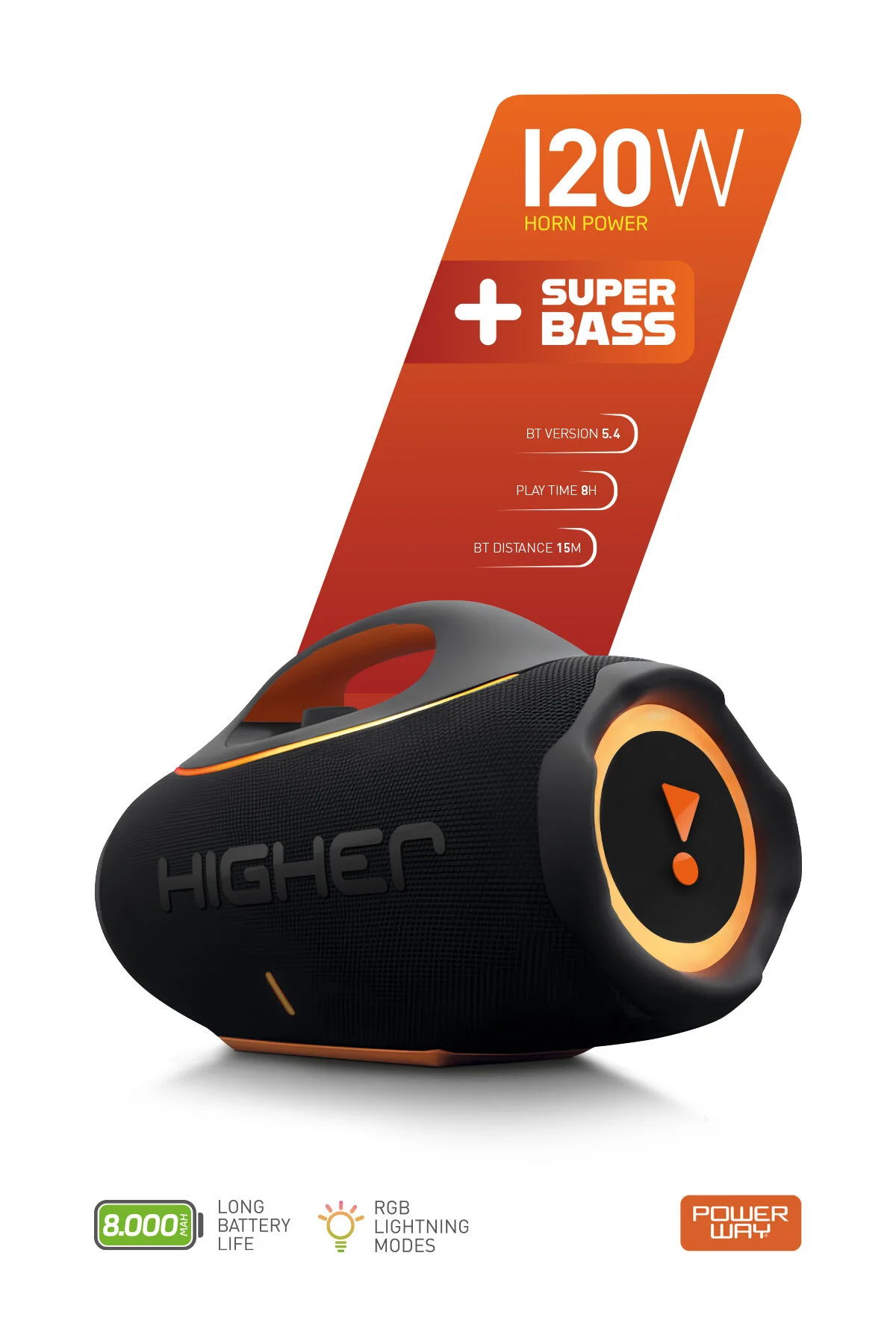 Powerway Higher 120w 4x Güç Usb Hafıza Kartı Aux Led Işıklı Bluetooth Hoparlör 8000 mAh Ses Bombası