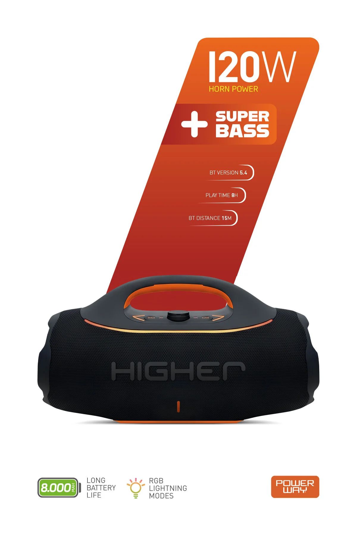 Powerway Higher 120w 4x Güç Usb Hafıza Kartı Aux Led Işıklı Bluetooth Hoparlör 8000 mAh Ses Bombası