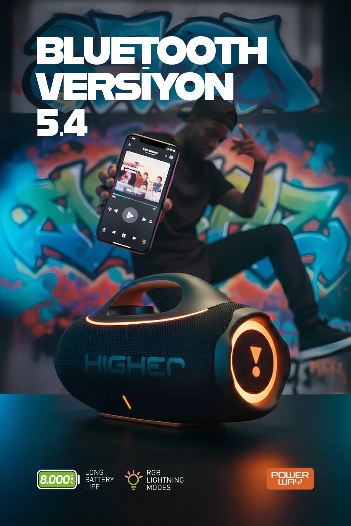 Powerway Higher 120w 4x Güç Usb Hafıza Kartı Aux Led Işıklı Bluetooth Hoparlör 8000 mAh Ses Bombası