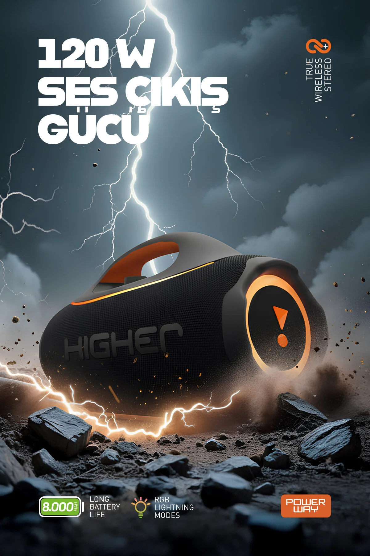 Powerway Higher 120w 4x Güç Usb Hafıza Kartı Aux Led Işıklı Bluetooth Hoparlör 8000 mAh Ses Bombası