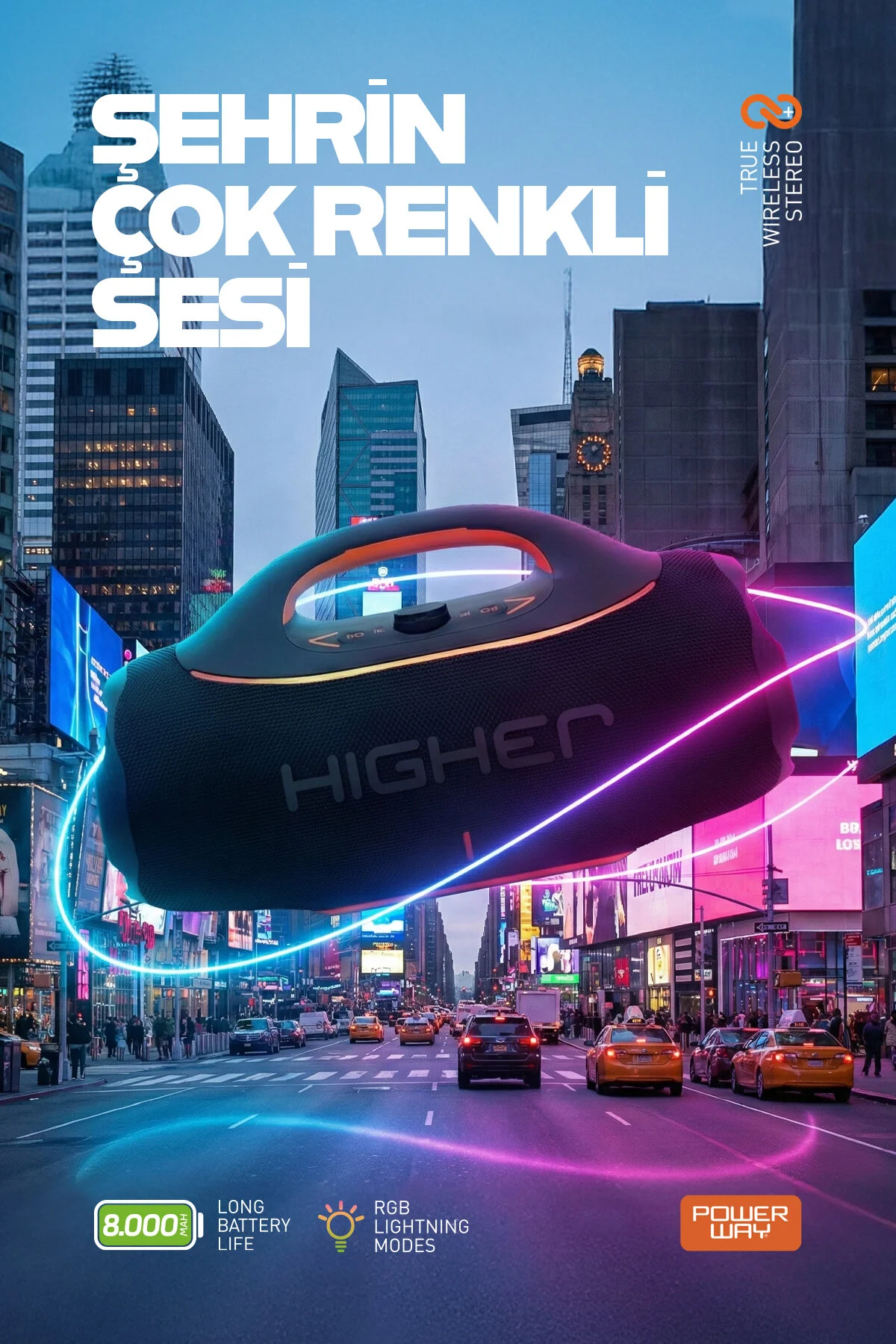 Powerway Higher 120w 4x Güç Usb Hafıza Kartı Aux Led Işıklı Bluetooth Hoparlör 8000 mAh Ses Bombası