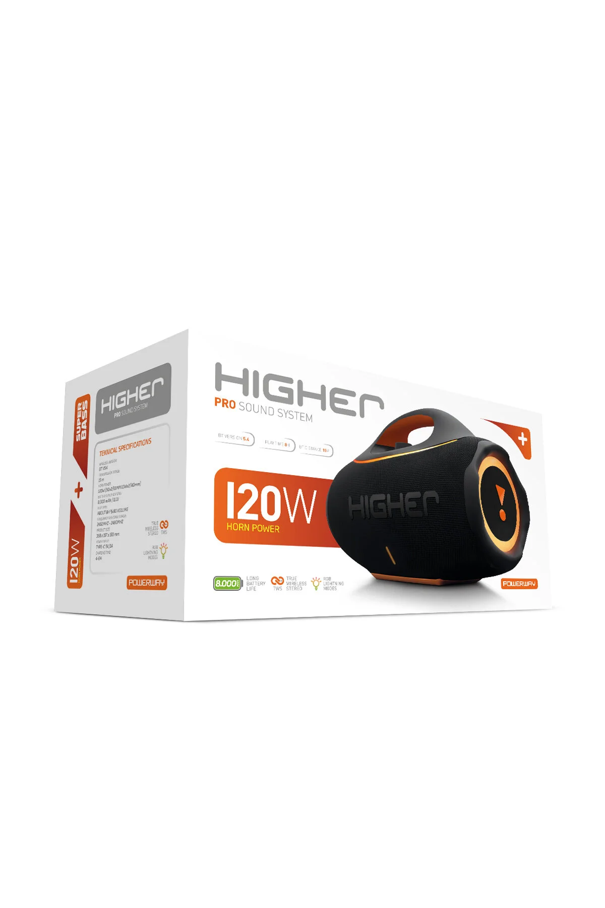 Powerway Higher 120w 4x Güç Usb Hafıza Kartı Aux Led Işıklı Bluetooth Hoparlör 8000 mAh Ses Bombası