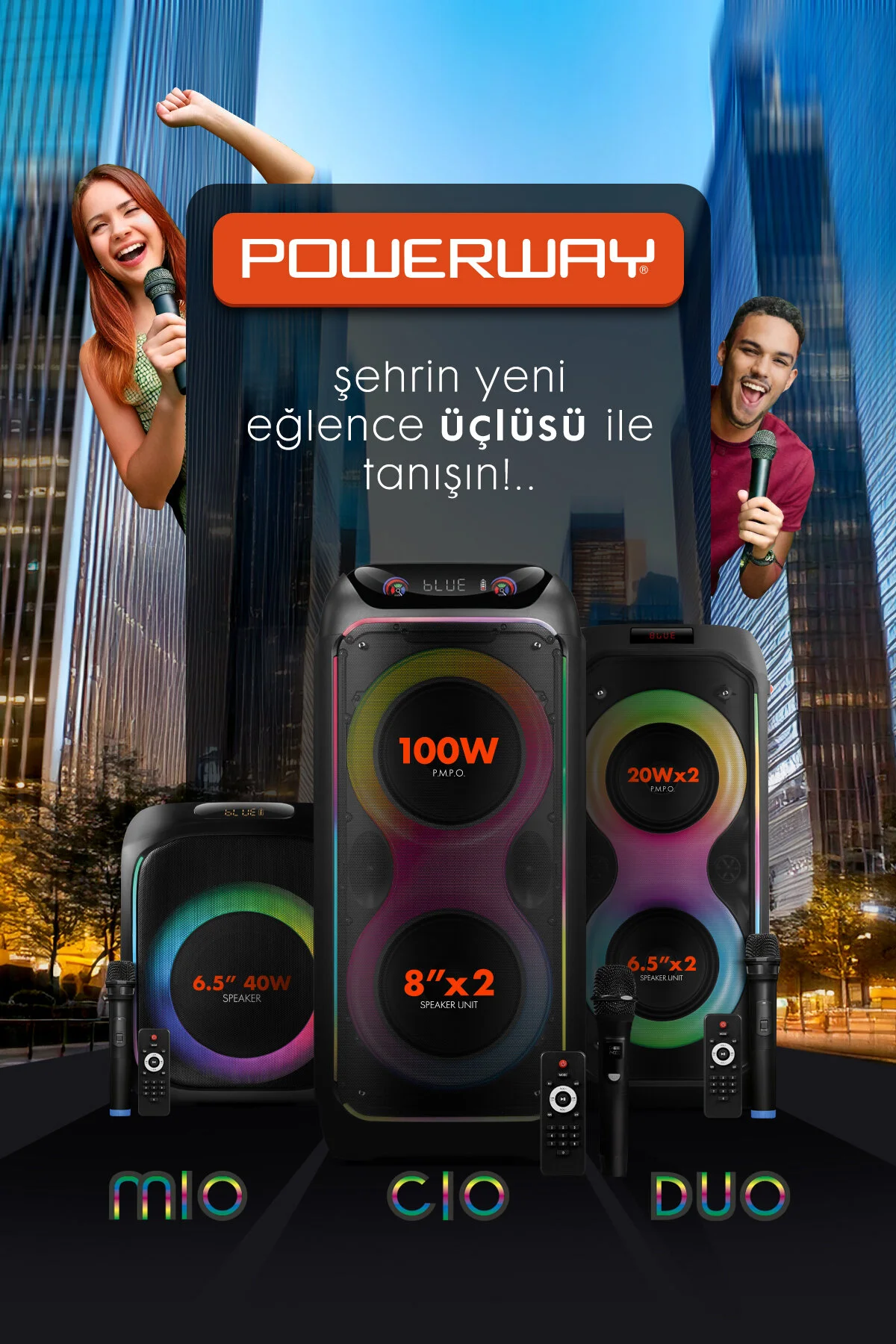 Powerway MIO Taşınabilir Mikrofonlu 40 W Parti Karaoke Kumandalı Bluetooth Hoparlör Led Işıklı