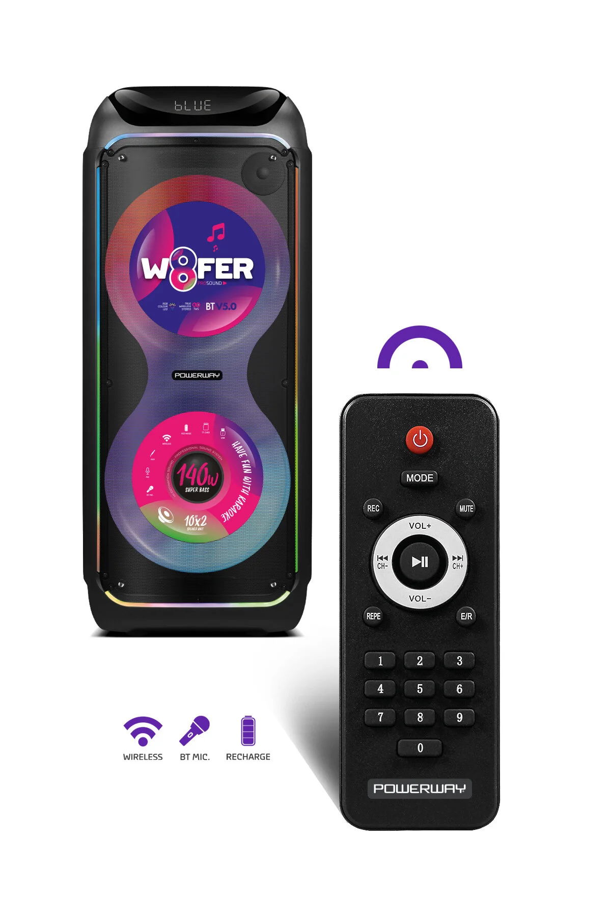 Powerway WOOFER 140W Hoparlör Gitar Saz Girişli Karaoke Parti Ses Sistemi Dijital Ekran +Bass