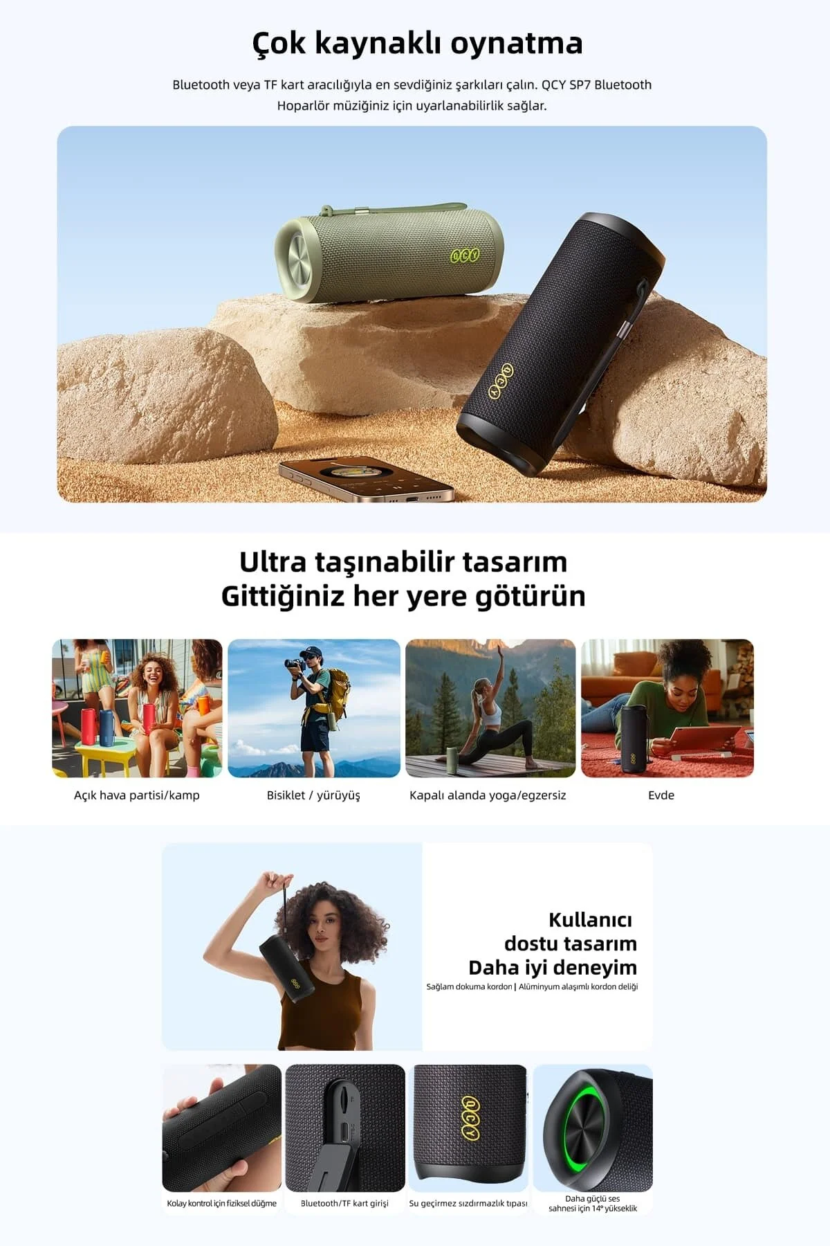 Qcy SP7 40W Taşınabilir Bluetooth Hoparlör 14 Saat Dinleme RGB Işık IPX7 TF Kart Girişli