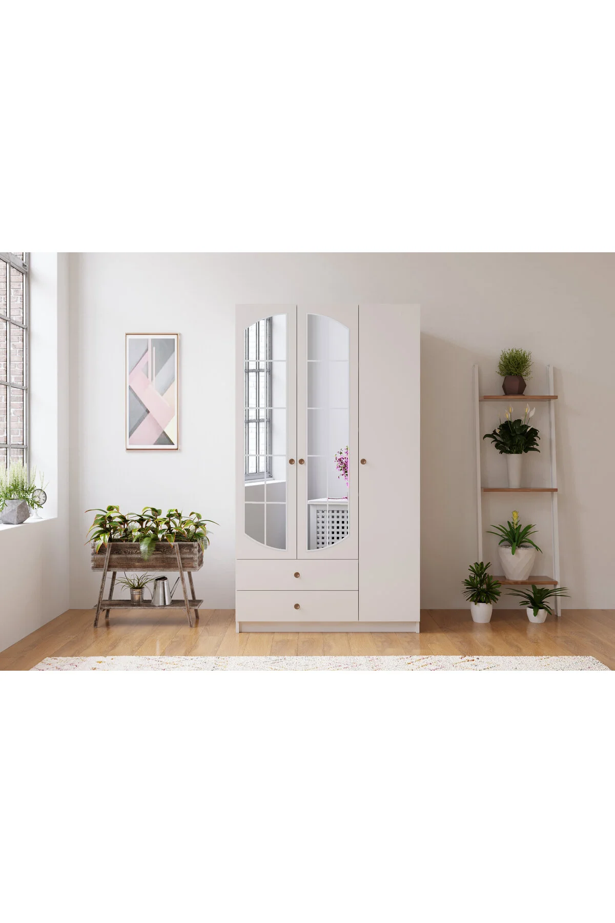 Rabi Ecem 3 Kapaklı 2 Çekmeceli Aynalı Gardırop