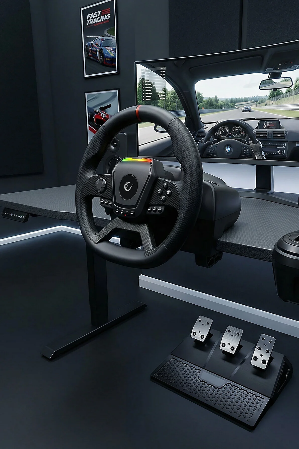 Rampage Pace V987 Force Feedback Motorlu 3 Pedal Vitesli Oyuncu Direksiyonu Direksiyon Seti SADECE PC UYUMLU