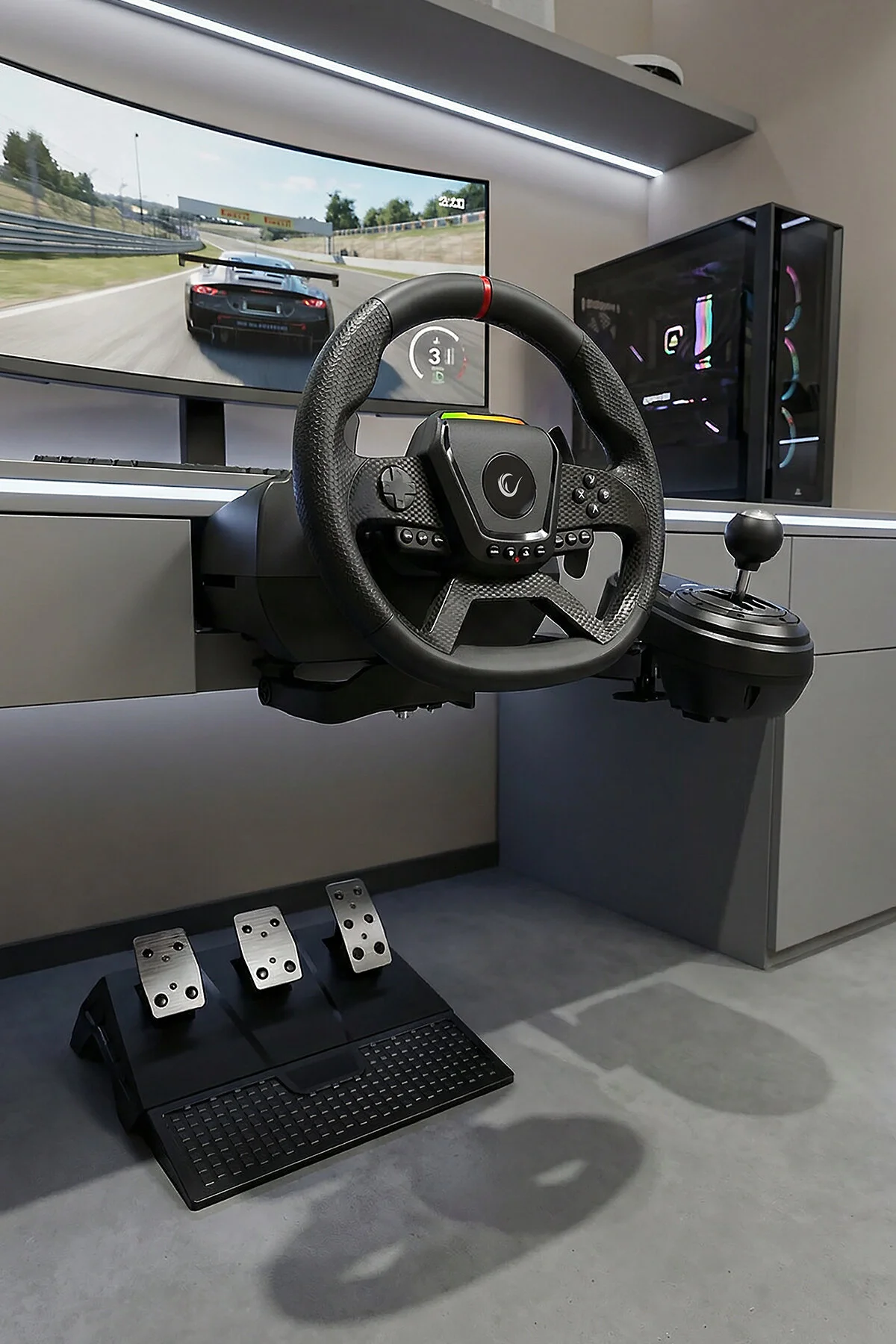 Rampage Pace V987 Force Feedback Motorlu 3 Pedal Vitesli Oyuncu Direksiyonu Direksiyon Seti SADECE PC UYUMLU