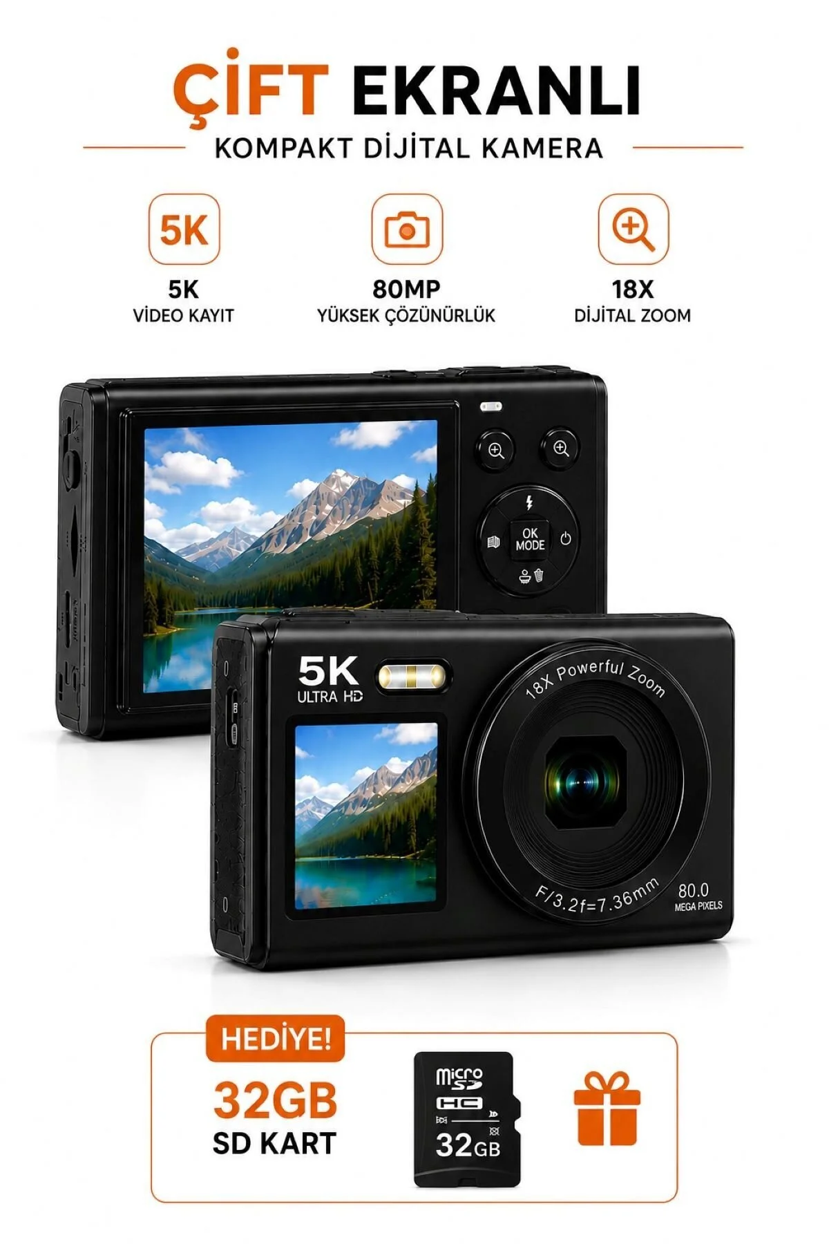 RAYLAX 5K Ultra HD Çift Ekranlı Dijital Fotoğraf Makinesi 80MP AF Otomatik Odak 18X Zoom 32GB SD Kart Hediyeli