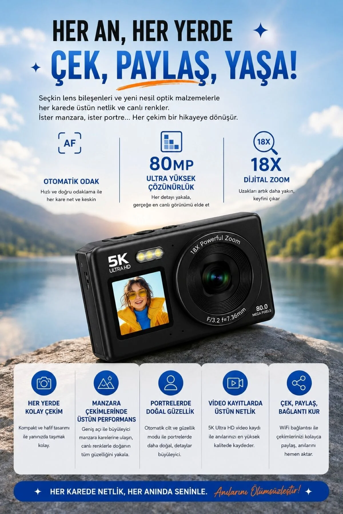 RAYLAX 5K Ultra HD Çift Ekranlı Dijital Fotoğraf Makinesi 80MP AF Otomatik Odak 18X Zoom 32GB SD Kart Hediyeli