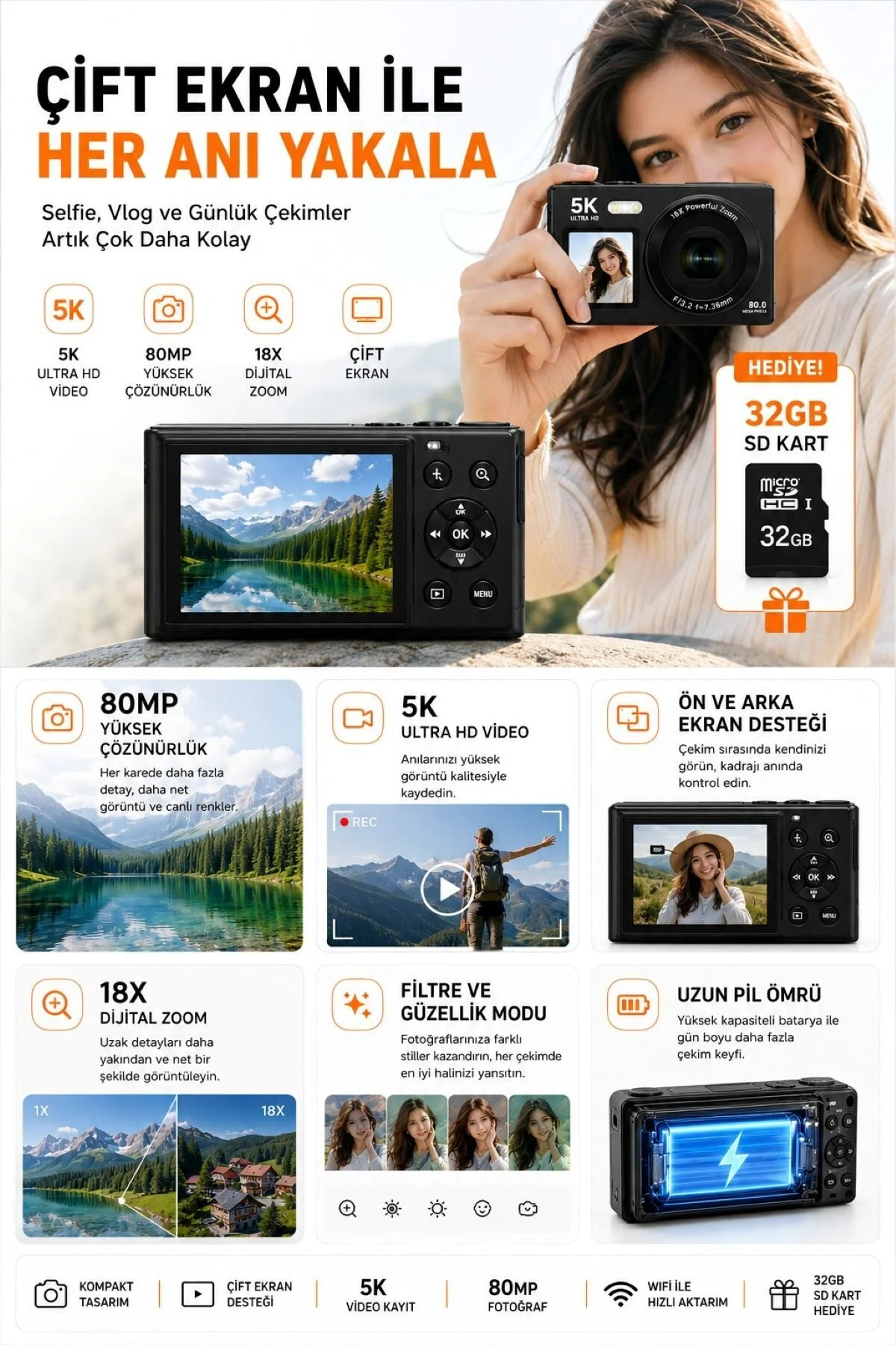 RAYLAX 5K Ultra HD Çift Ekranlı Dijital Fotoğraf Makinesi 80MP AF Otomatik Odak 18X Zoom 32GB SD Kart Hediyeli