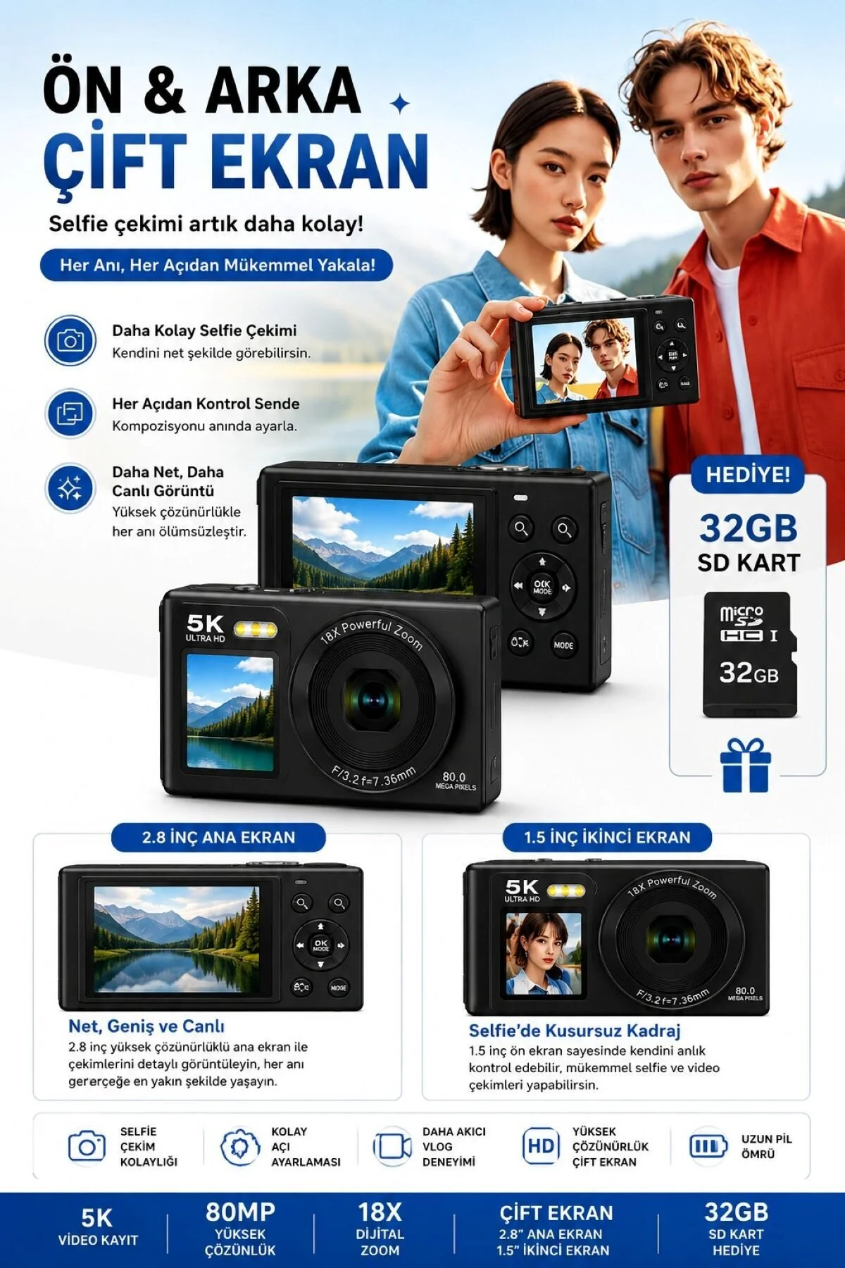 RAYLAX 5K Ultra HD Çift Ekranlı Dijital Fotoğraf Makinesi 80MP AF Otomatik Odak 18X Zoom 32GB SD Kart Hediyeli