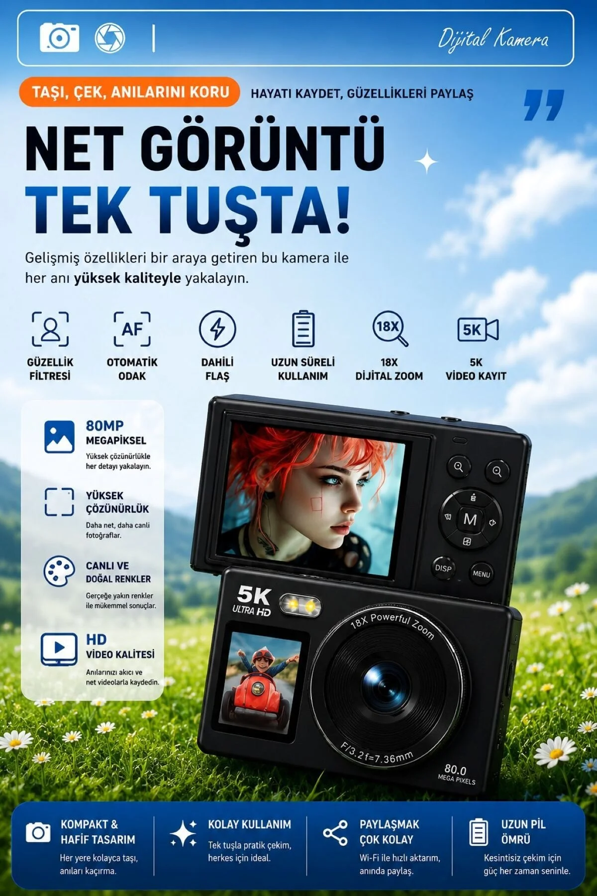 RAYLAX 5K Ultra HD Çift Ekranlı Dijital Fotoğraf Makinesi 80MP AF Otomatik Odak 18X Zoom 32GB SD Kart Hediyeli