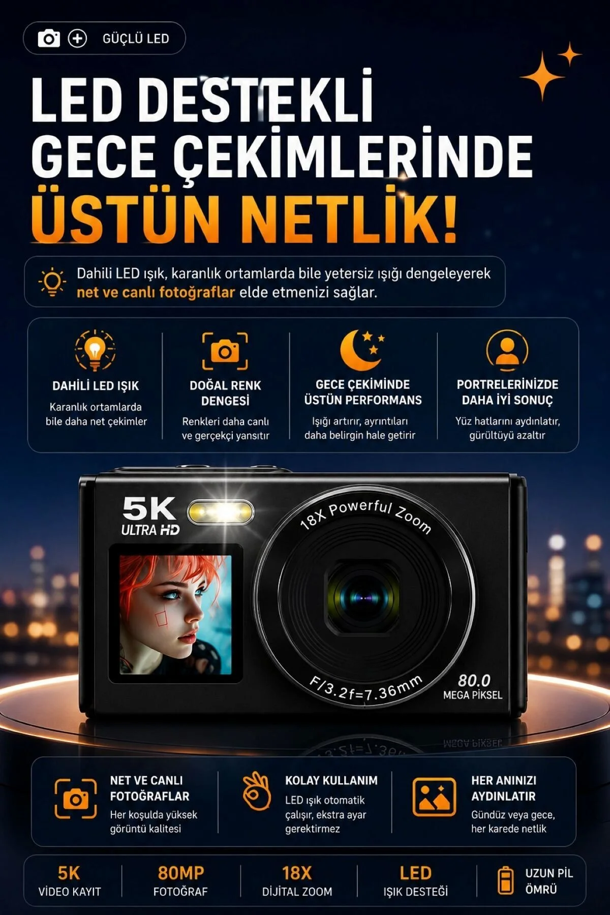 RAYLAX 5K Ultra HD Çift Ekranlı Dijital Fotoğraf Makinesi 80MP AF Otomatik Odak 18X Zoom 32GB SD Kart Hediyeli