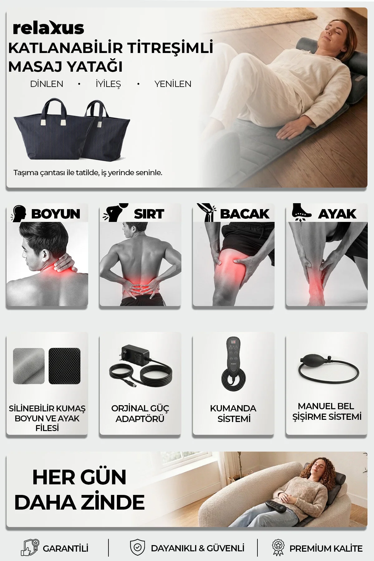RELAXUS Rlx20 Katlanabilir Elektrikli Tam Vücut Isıtmalı Masaj Yatağı Boyun Masaj Cihazı Ayak Masaj Cihazı