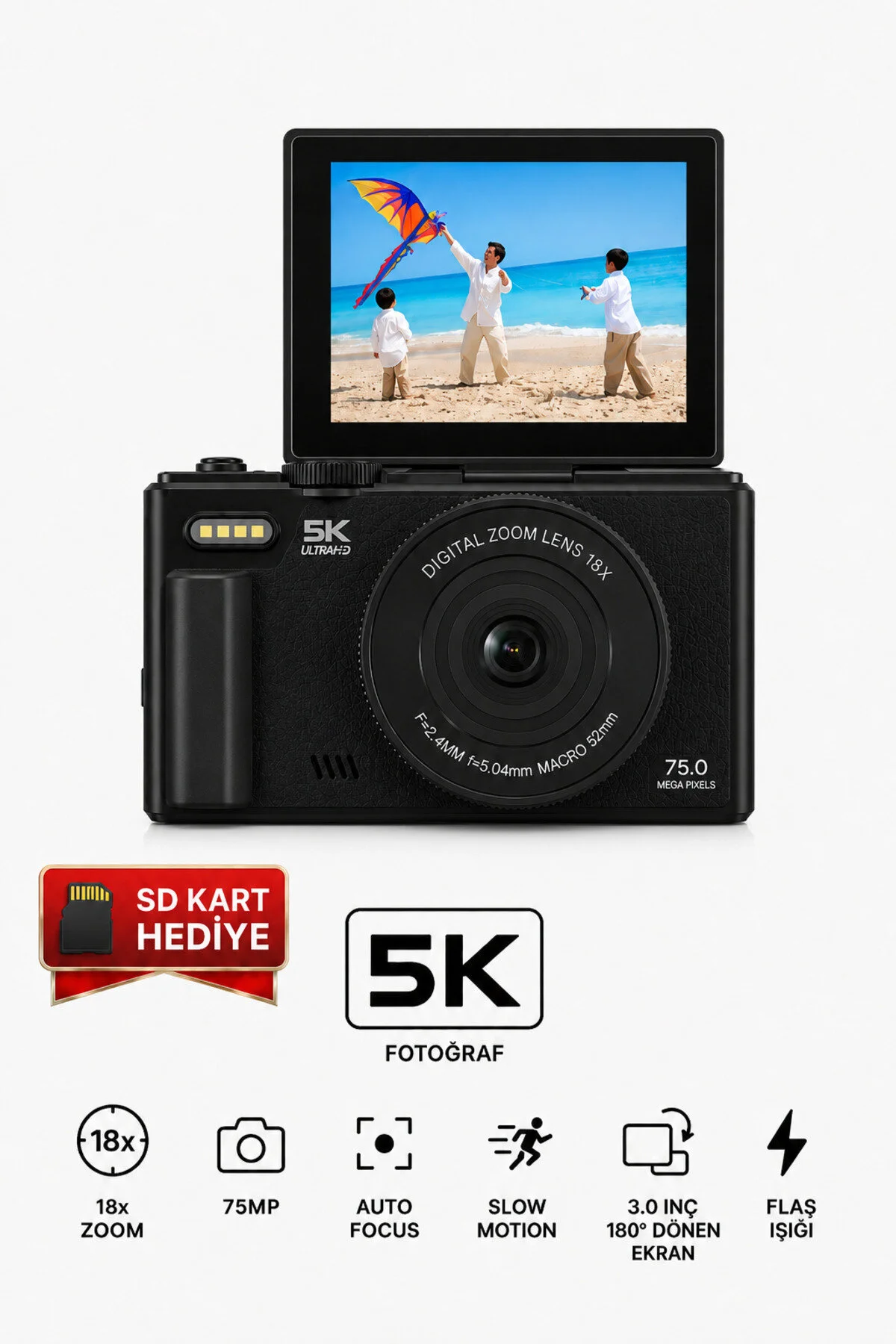SEYUTECH 5K Dijital Video Kamera 75 MP 18X Zoom Flaşlı 3” Flip Ekranlı SD Kart Hediyeli Retro Vlog Fotoğraf Makinesi