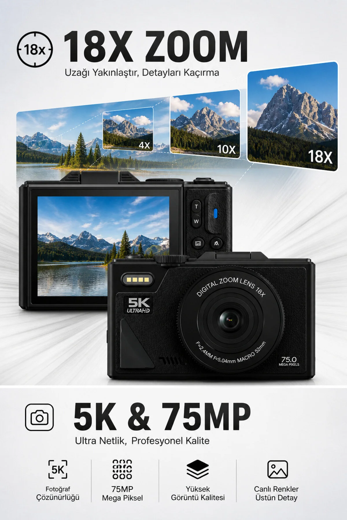 SEYUTECH 5K Dijital Video Kamera 75 MP 18X Zoom Flaşlı 3” Flip Ekranlı SD Kart Hediyeli Retro Vlog Fotoğraf Makinesi
