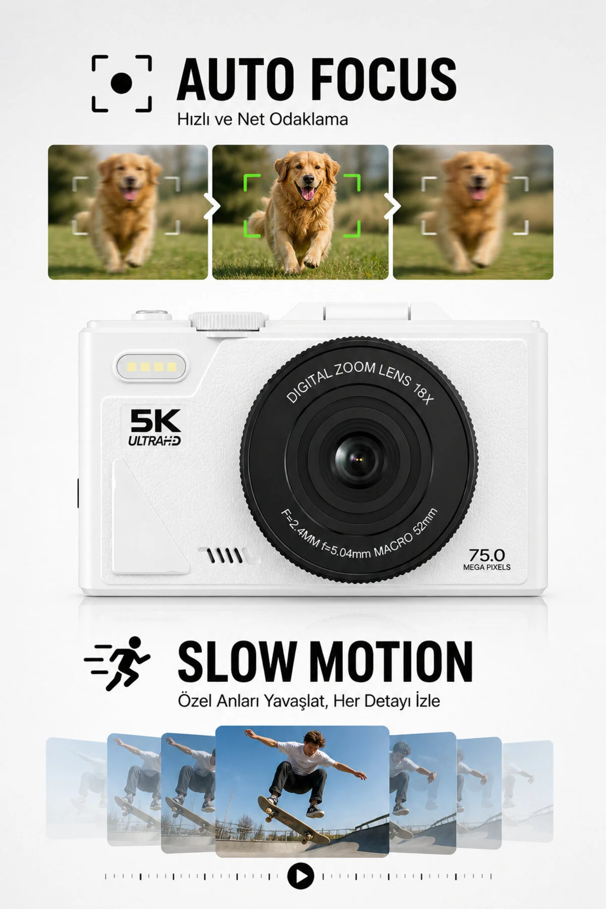 SEYUTECH 5K Dijital Video Kamera 75 MP 18X Zoom Flaşlı 3” Flip Ekranlı SD Kart Hediyeli Retro Vlog Fotoğraf Makinesi