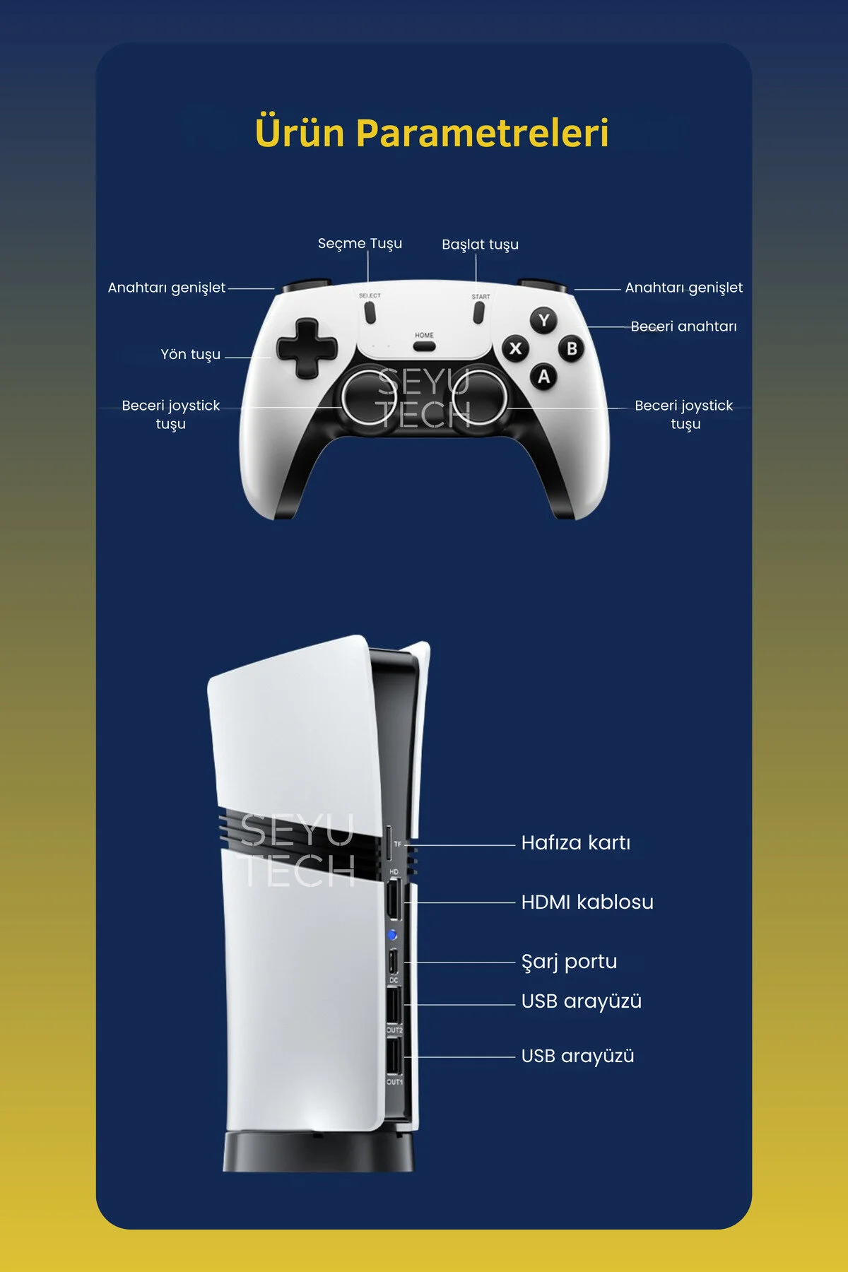 SEYUTECH Gs5 Pro Kablosuz Çift Kol Oyun Konsolu Uyumlu 4k-hdmı 53 Emulatör 30000 Oyunlu 2.4g Gaming Atari
