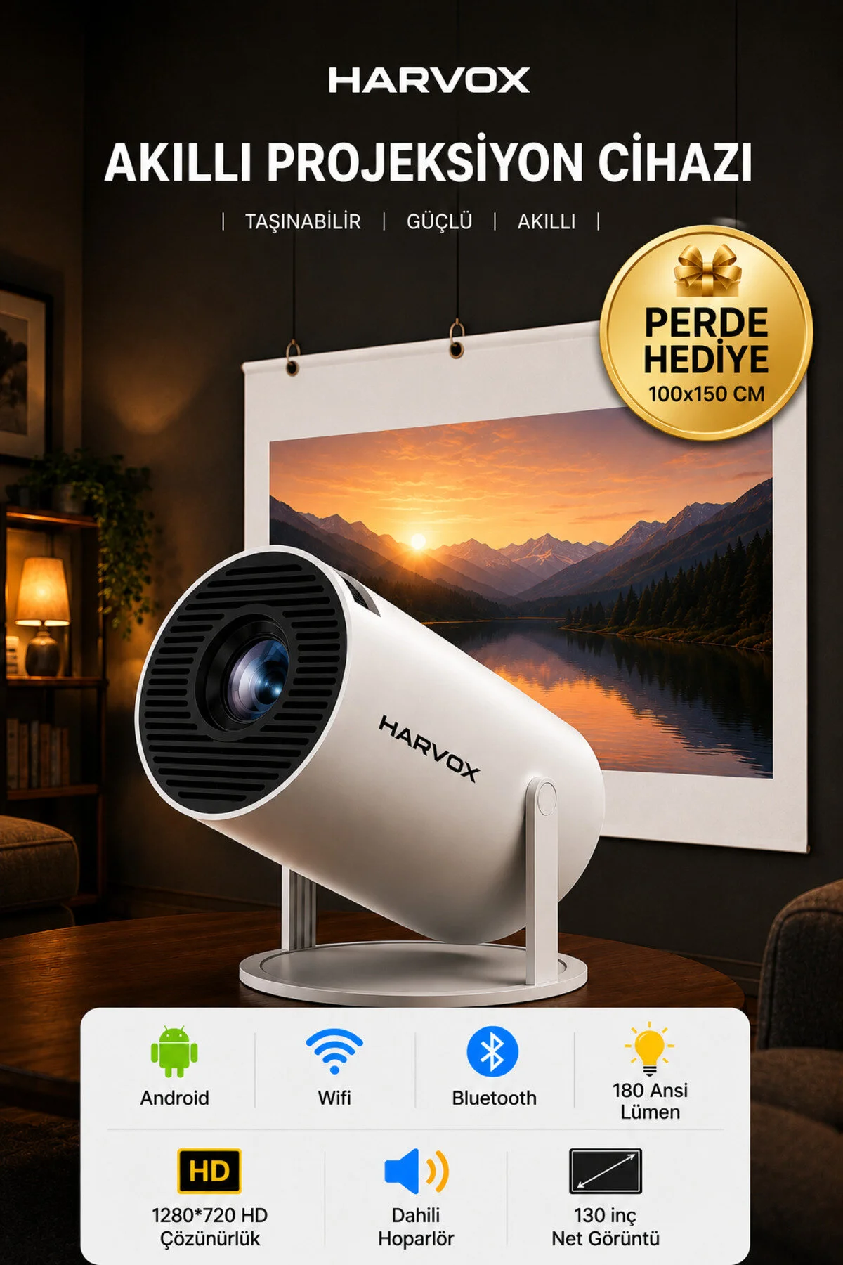 SEYUWATCH Taşınabilir 130" inç Yansıtma Sinema Projeksiyon Cihazı Ev Sineması Dahili Android Perde Hediyeli