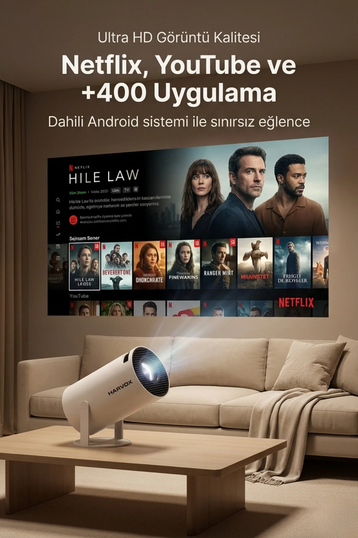 SEYUWATCH Taşınabilir 130" inç Yansıtma Sinema Projeksiyon Cihazı Ev Sineması Dahili Android Perde Hediyeli