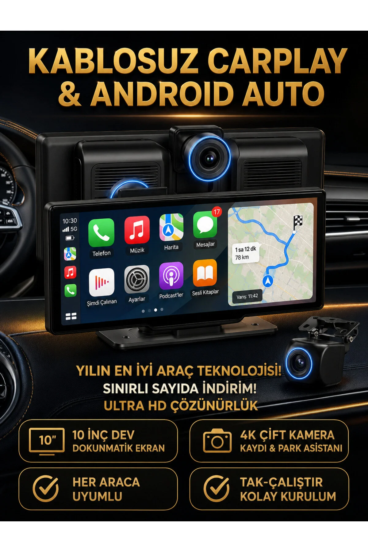 shop 10 İnç Kablosuz CarPlay ve Android Auto Araç Ekranı – GPS Navigasyon, Bluetooth, IPS Dokunmatik Ekran