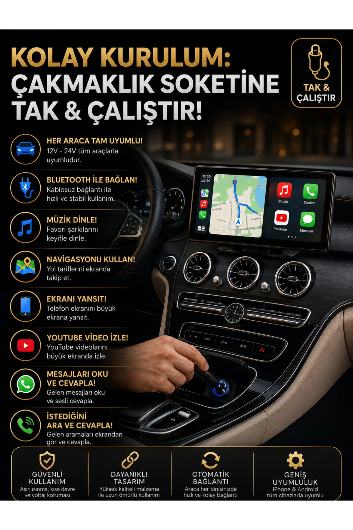 shop 10 İnç Kablosuz CarPlay ve Android Auto Araç Ekranı – GPS Navigasyon, Bluetooth, IPS Dokunmatik Ekran