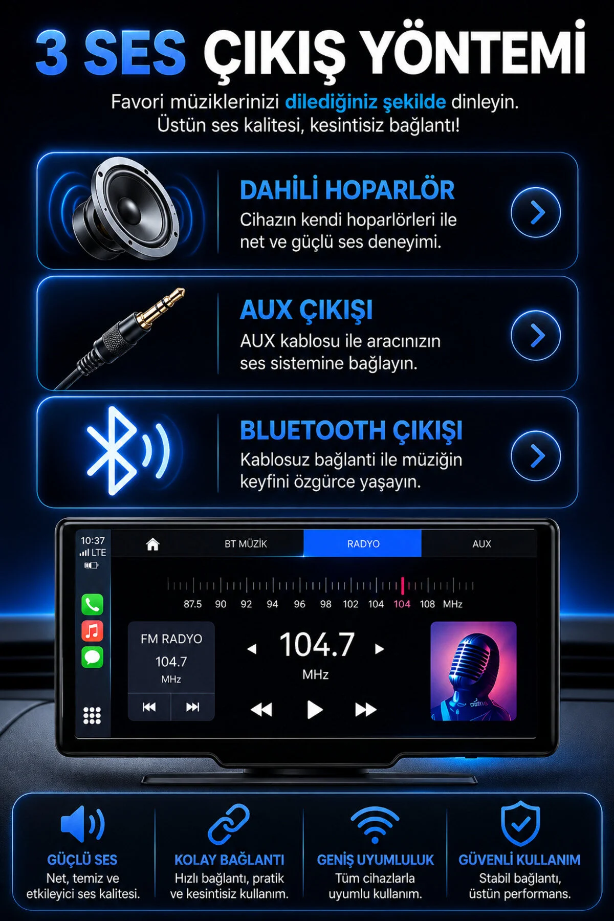 shop 10 İnç Kablosuz CarPlay ve Android Auto Araç Ekranı – GPS Navigasyon, Bluetooth, IPS Dokunmatik Ekran