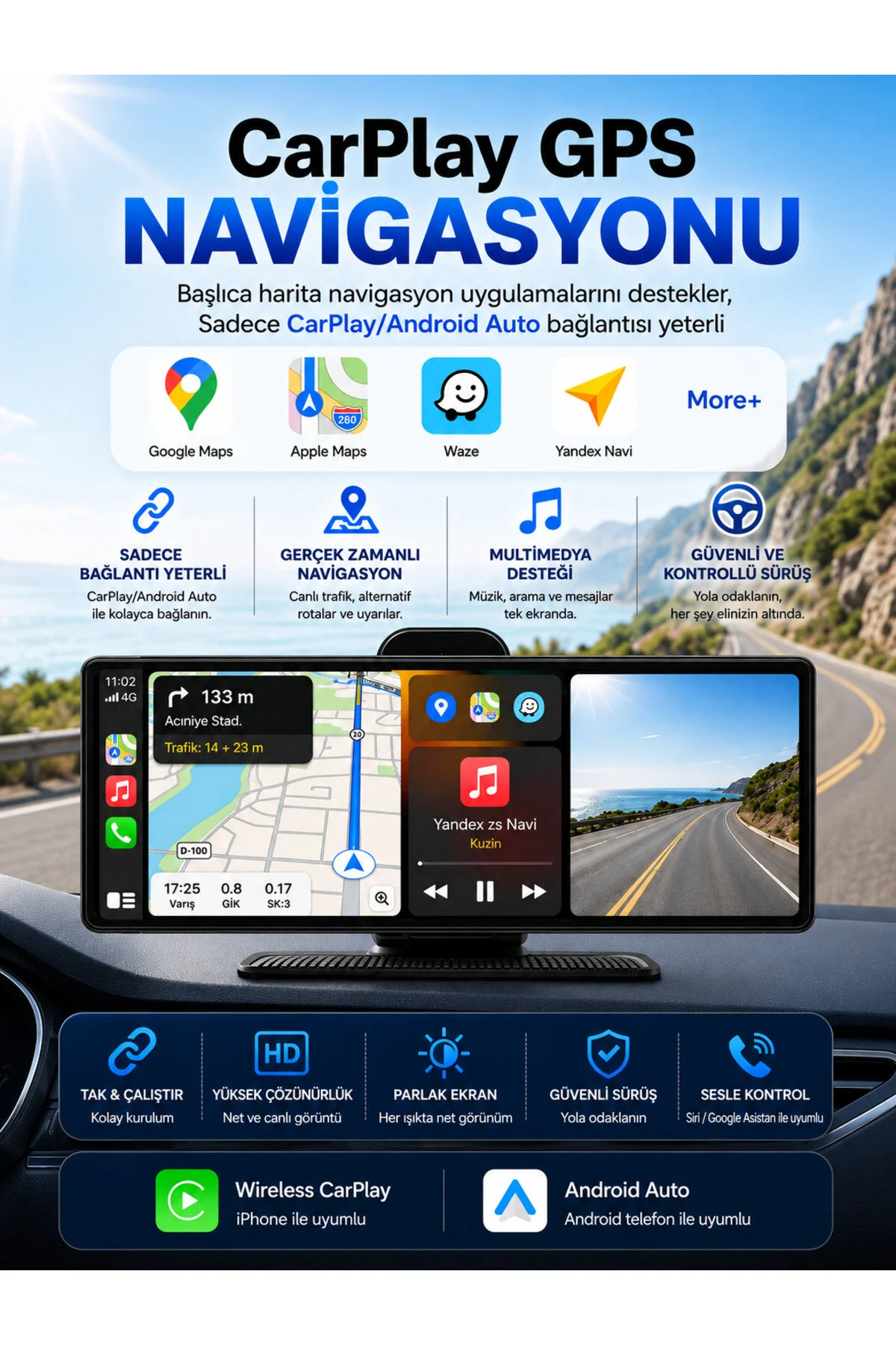 shop 10 İnç Kablosuz CarPlay ve Android Auto Araç Ekranı – GPS Navigasyon, Bluetooth, IPS Dokunmatik Ekran