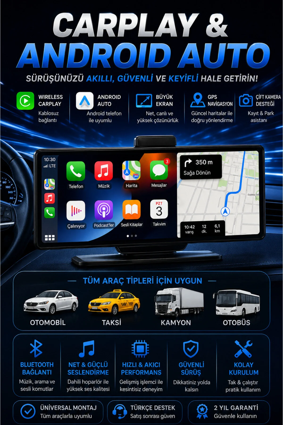 shop 10 İnç Kablosuz CarPlay ve Android Auto Araç Ekranı – GPS Navigasyon, Bluetooth, IPS Dokunmatik Ekran