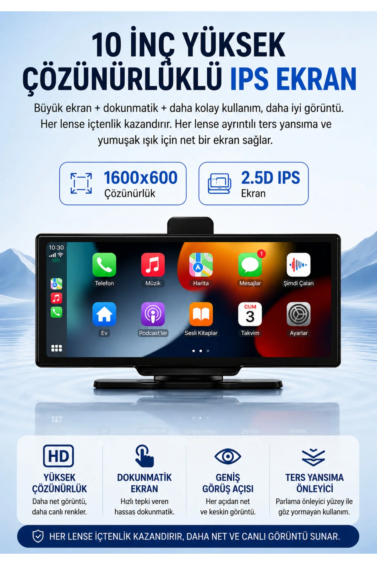 shop 10 İnç Kablosuz CarPlay ve Android Auto Araç Ekranı – GPS Navigasyon, Bluetooth, IPS Dokunmatik Ekran