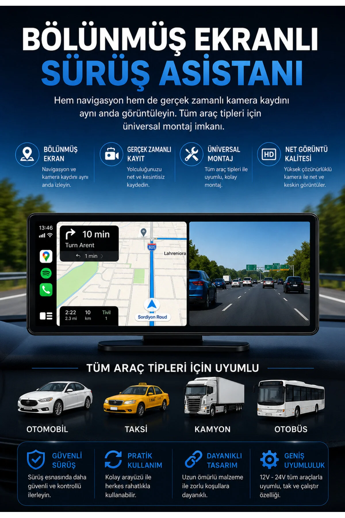 shop 10 İnç Kablosuz CarPlay ve Android Auto Araç Ekranı – GPS Navigasyon, Bluetooth, IPS Dokunmatik Ekran