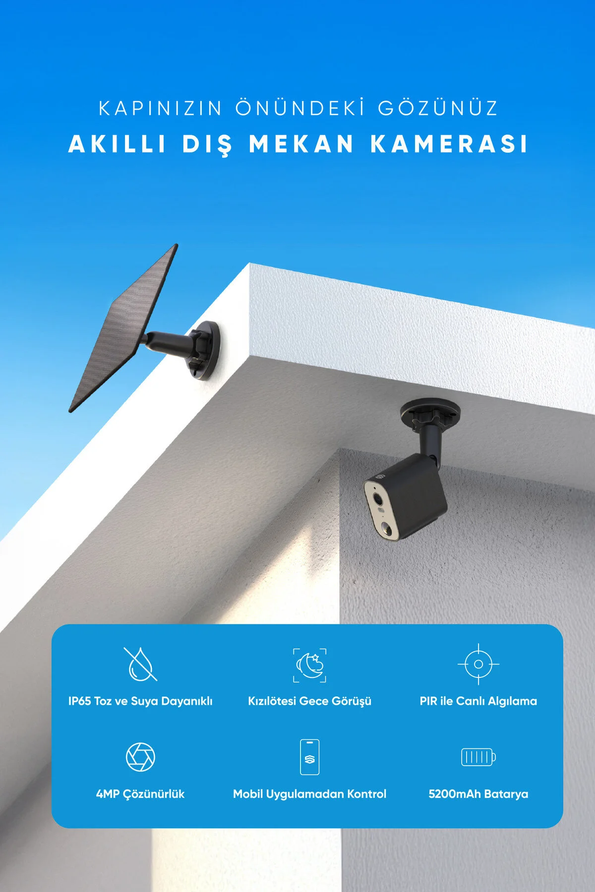 Şımart Akıllı Wifi Dış Mekan Güvenlik Kamerası, Güneş Enerjili, Gece Görüşlü