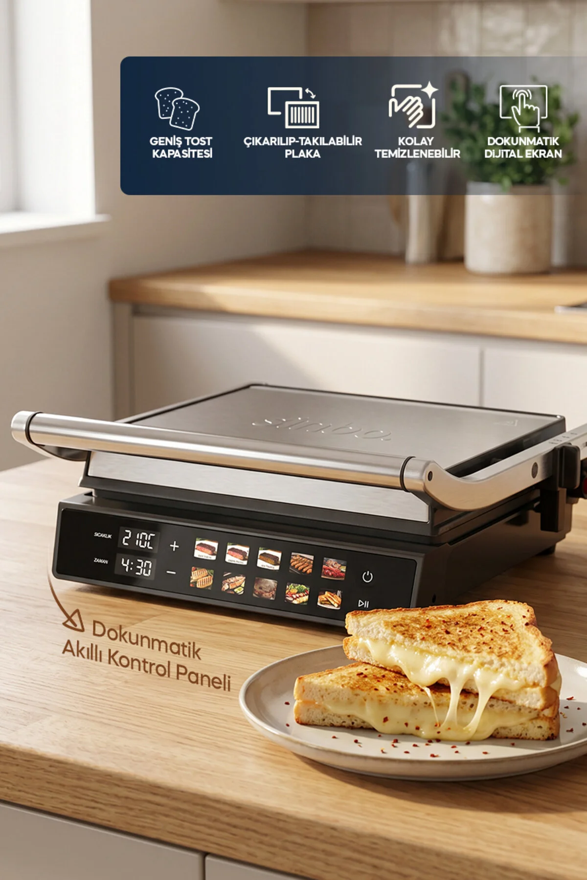 Sinbo SSM-2597 10 Ön Ayarlı Dijital Ekranlı Sıcaklık/Zaman Göstergeli Döküm Izgara ve Tost Makinesi 2000W