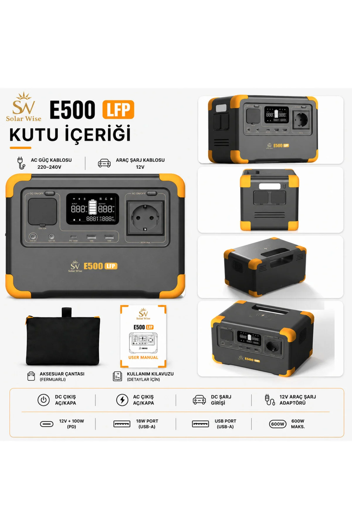 Solar Wise E500LFP 600W | 576Wh | LiFePO4 | UPS Destekli | WiFi Bluetooth Kablosuz Şarj Taşınabilir Güç İstasyonu