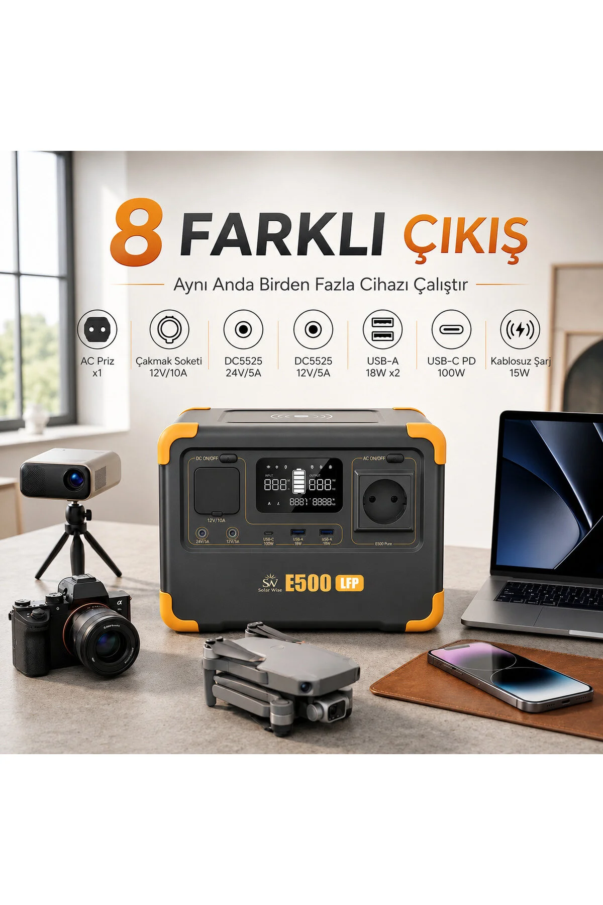 Solar Wise E500LFP 600W | 576Wh | LiFePO4 | UPS Destekli | WiFi Bluetooth Kablosuz Şarj Taşınabilir Güç İstasyonu