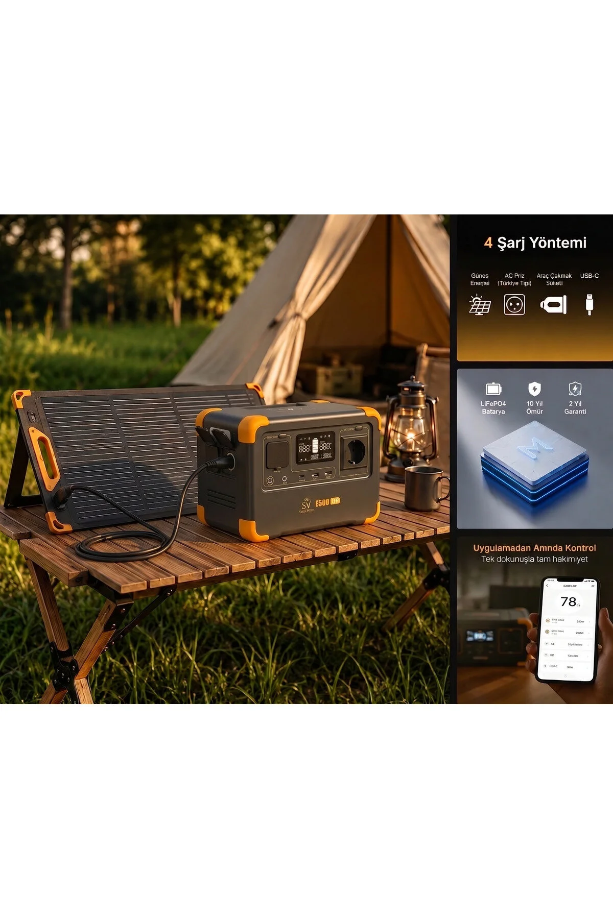 Solar Wise E500LFP 600W | 576Wh | LiFePO4 | UPS Destekli | WiFi Bluetooth Kablosuz Şarj Taşınabilir Güç İstasyonu