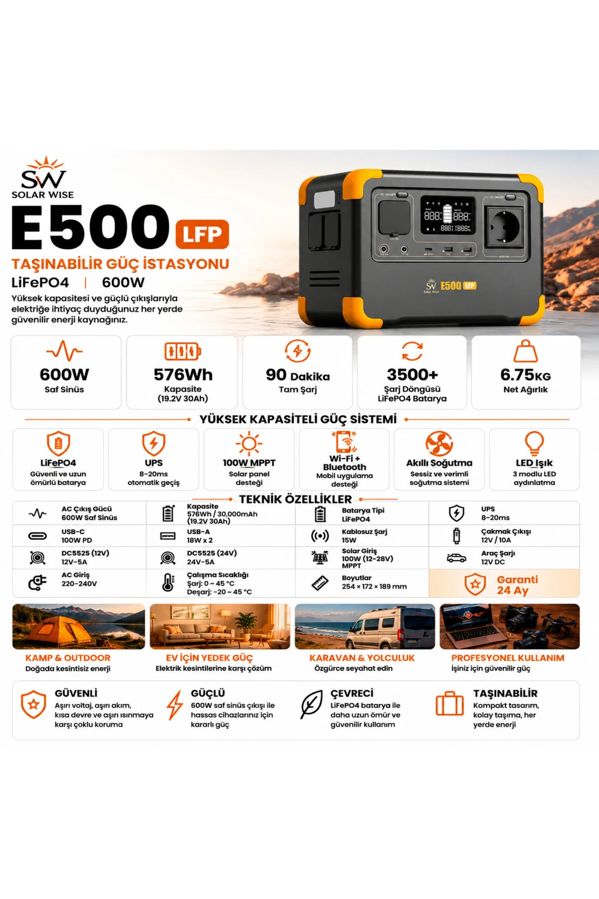 Solar Wise E500LFP 600W | 576Wh | LiFePO4 | UPS Destekli | WiFi Bluetooth Kablosuz Şarj Taşınabilir Güç İstasyonu
