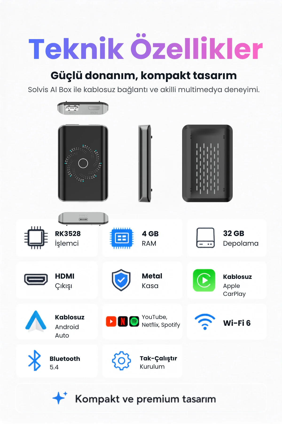 solvis Ai BOX Kablosuz CarPlay & Android Auto Multimedya Dönüştürücü