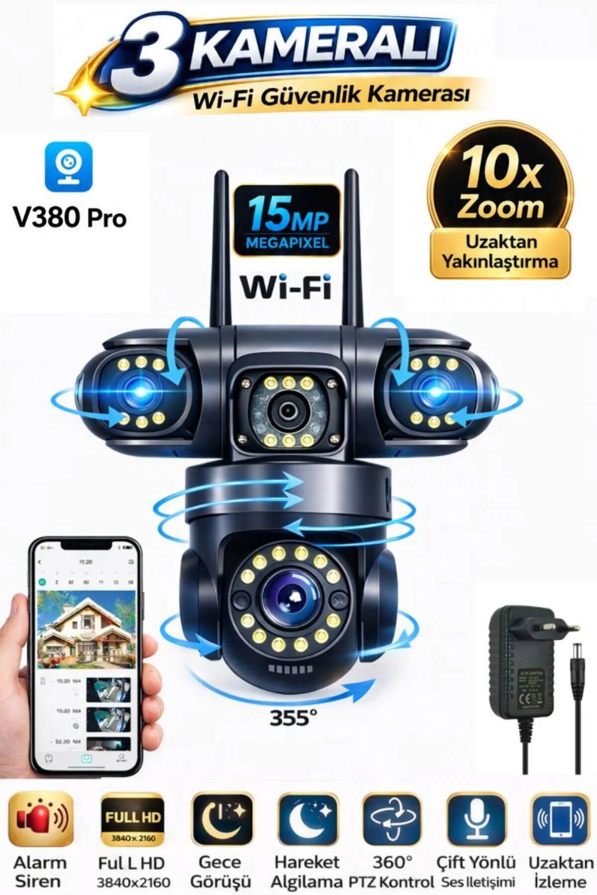 SONREİR RX113W WİFİ 3 Kameralı Güvenlik Kamerası 15MP ULTRA HD PTZ Hareketli Sesli Gece Görüşlü Akıllı Kamera