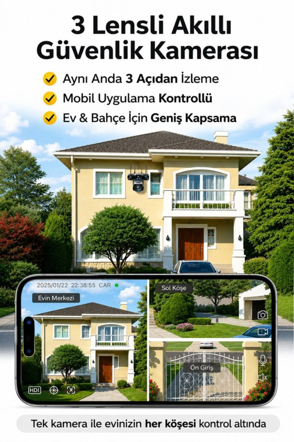 SONREİR RX113W WİFİ 3 Kameralı Güvenlik Kamerası 15MP ULTRA HD PTZ Hareketli Sesli Gece Görüşlü Akıllı Kamera
