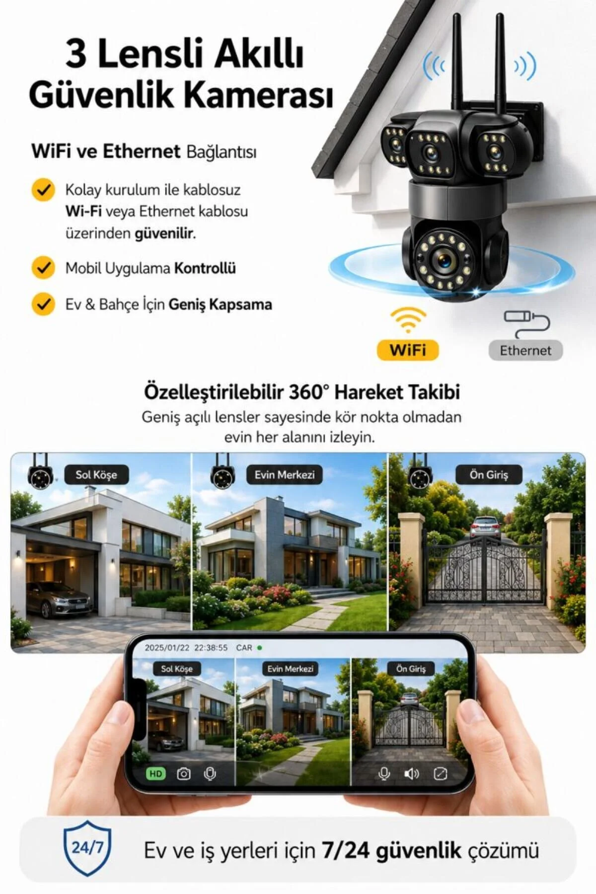 SONREİR RX113W WİFİ 3 Kameralı Güvenlik Kamerası 15MP ULTRA HD PTZ Hareketli Sesli Gece Görüşlü Akıllı Kamera