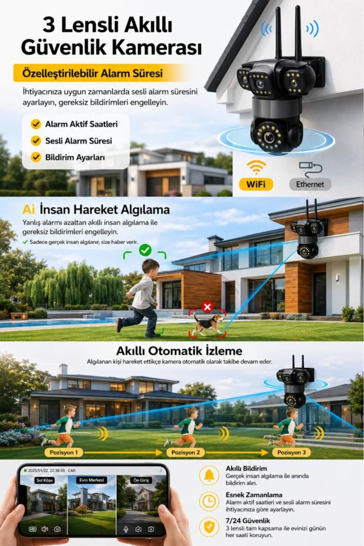 SONREİR RX113W WİFİ 3 Kameralı Güvenlik Kamerası 15MP ULTRA HD PTZ Hareketli Sesli Gece Görüşlü Akıllı Kamera