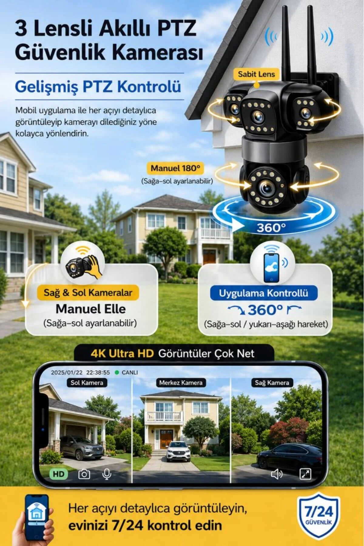 SONREİR RX113W WİFİ 3 Kameralı Güvenlik Kamerası 15MP ULTRA HD PTZ Hareketli Sesli Gece Görüşlü Akıllı Kamera