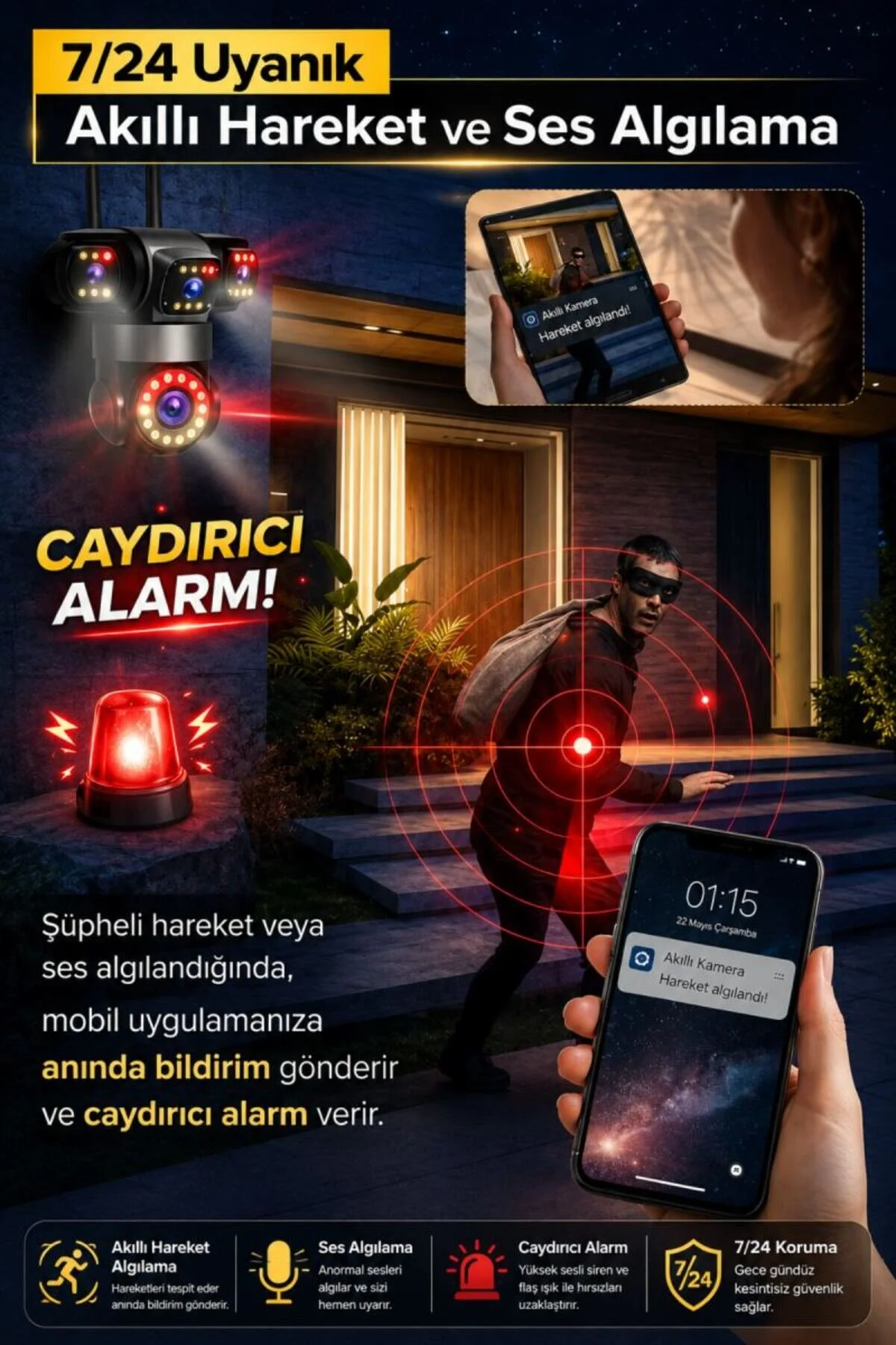 SONREİR RX113W WİFİ 3 Kameralı Güvenlik Kamerası 15MP ULTRA HD PTZ Hareketli Sesli Gece Görüşlü Akıllı Kamera