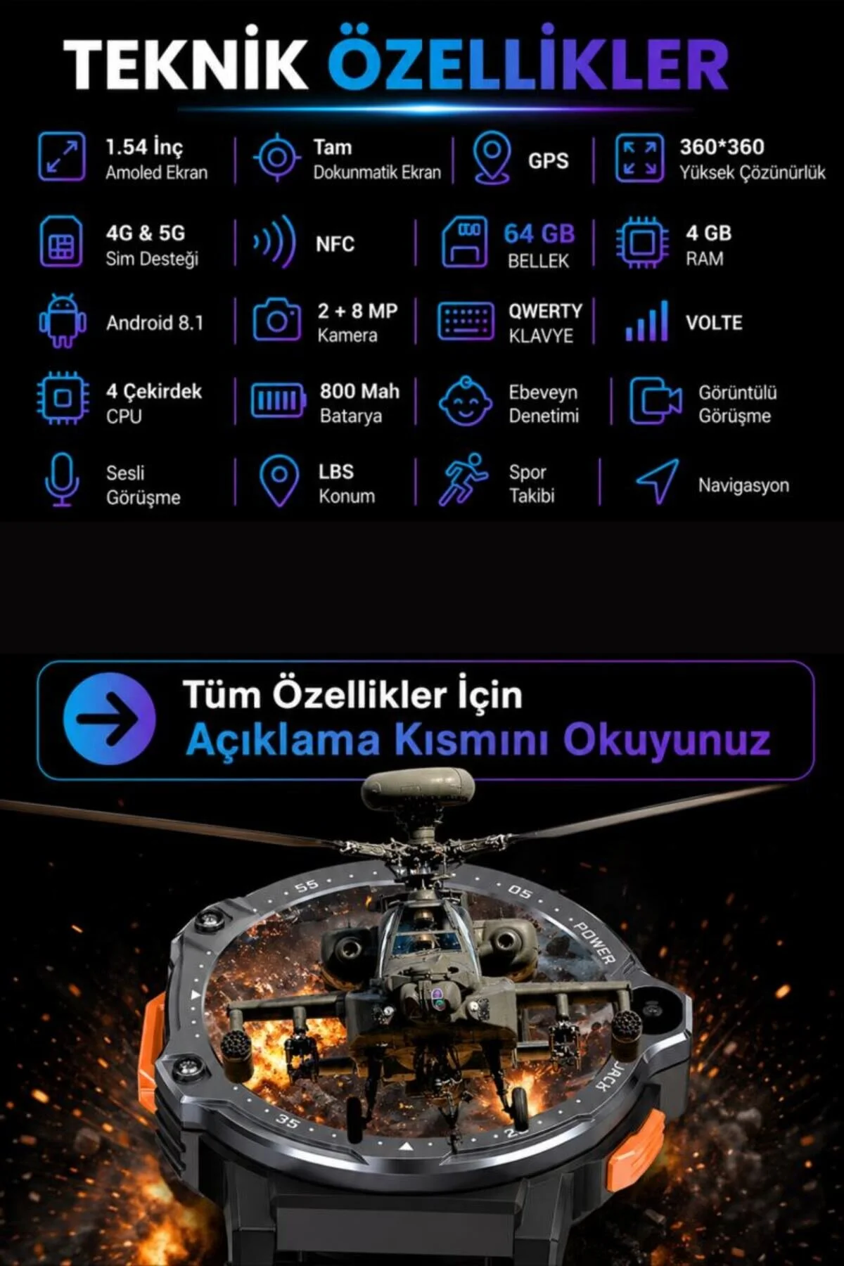 SONREİR Watch Pg 4g Lte Yuvarlak Akıllı Saat 64gb Sım Kartlı Kameralı Wifi Çocuk Huawei Iphone Uyumlu 8 9 10