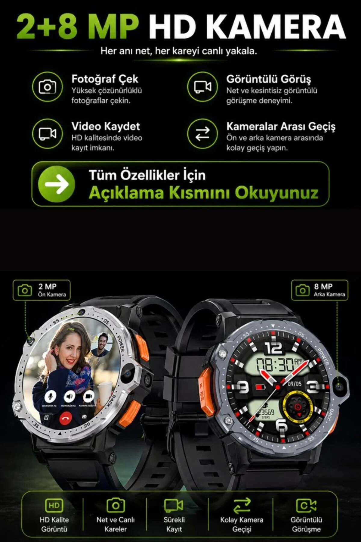 SONREİR Watch Pg 4g Lte Yuvarlak Akıllı Saat 64gb Sım Kartlı Kameralı Wifi Çocuk Huawei Iphone Uyumlu 8 9 10