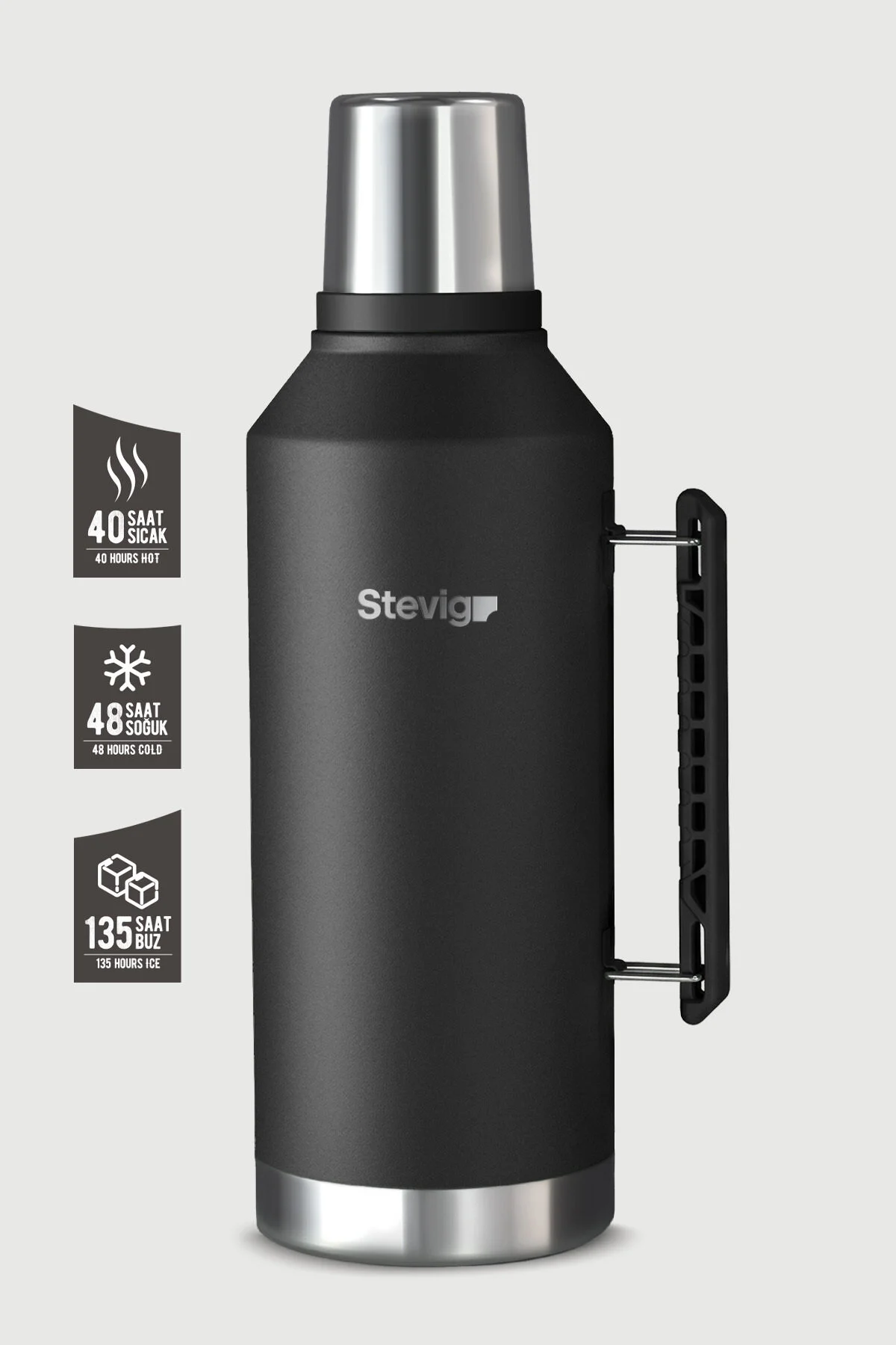 Stevig 1 Camper Klasik Kulplu Sızdırmaz Çelik Termos 2.2 LT Black ST-261