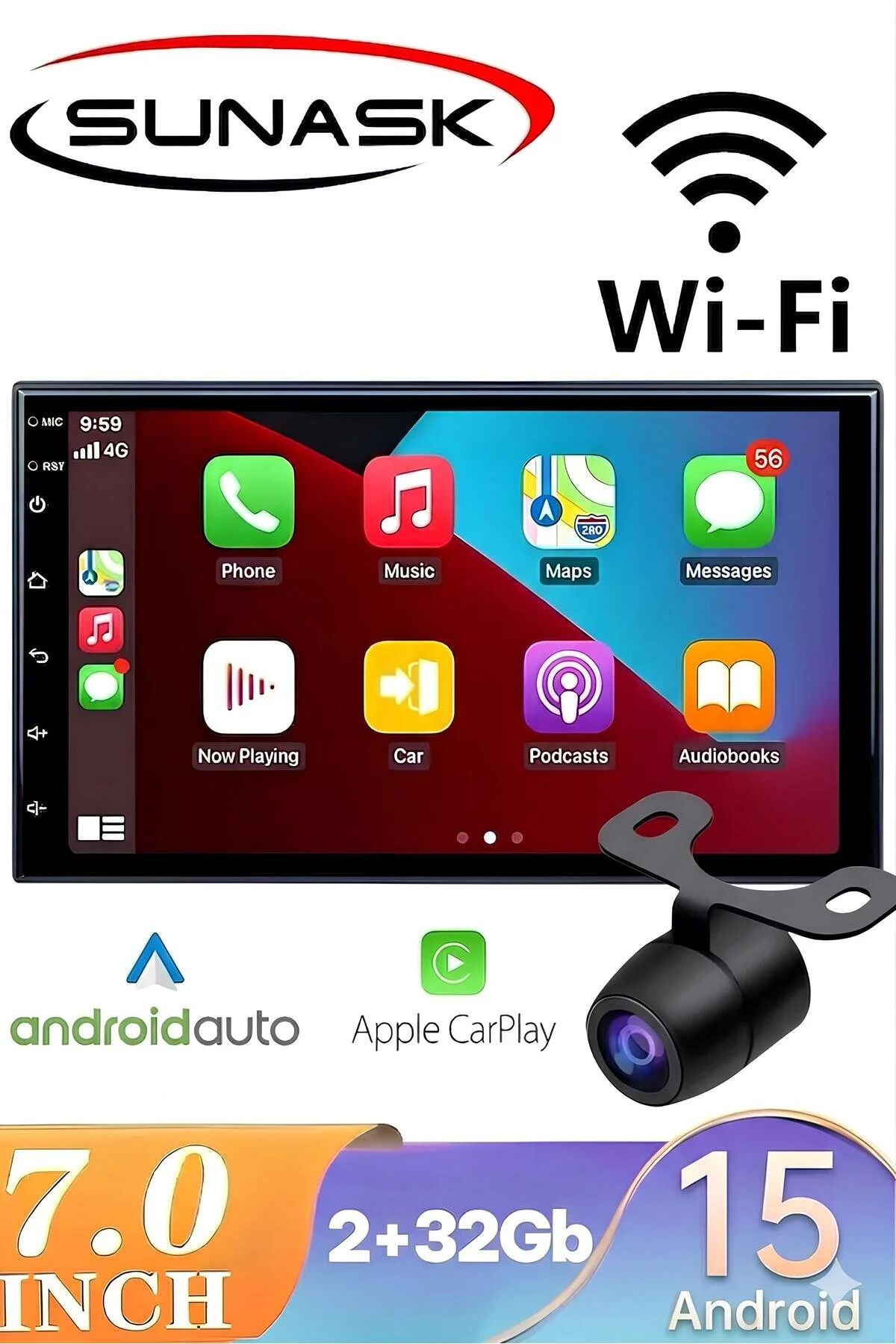 Sunask Sn-7002a 7 Inç Carplay Li 2 Gb Ram 32 Gb Hafıza Android Dauble Oto Teyip Wi-fi Youtube Google